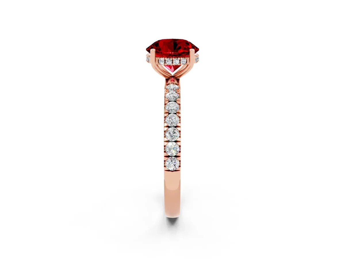 Round Cut Ruby Pave Band Solitaire Ring with Round and Prong Setting Rose gold
