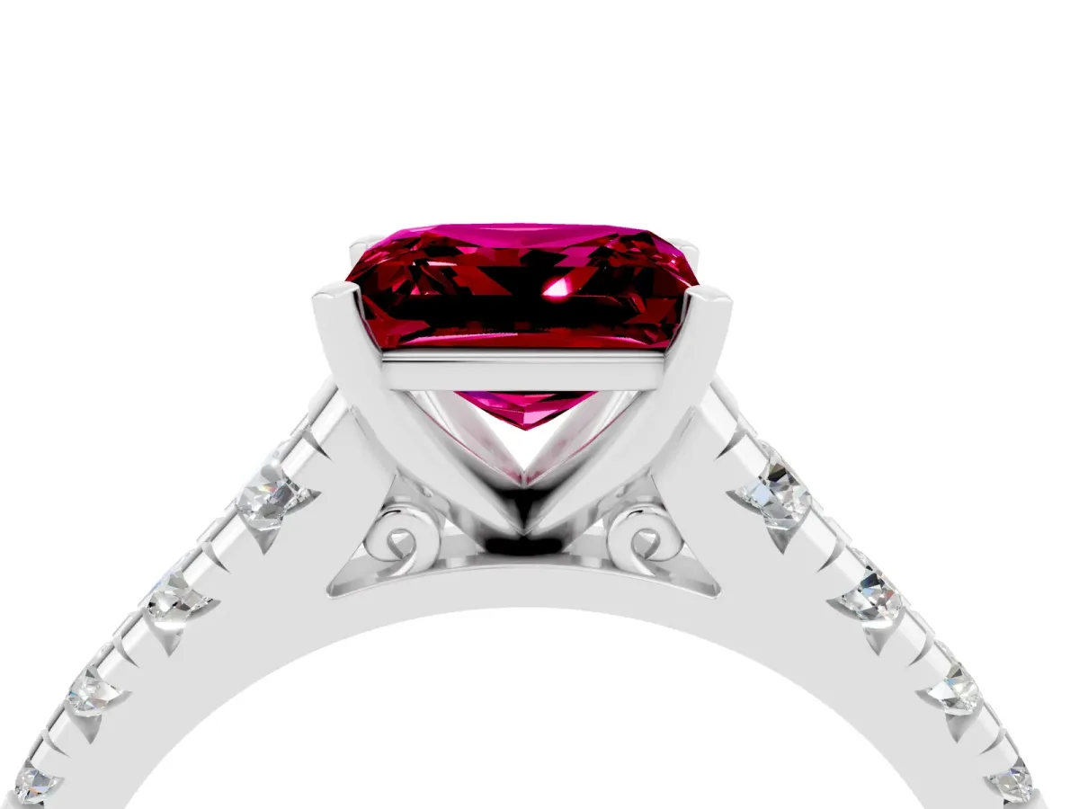 Princess Cut Garnet Cathedral Solitaire Ring with Round Pavé Band Silver