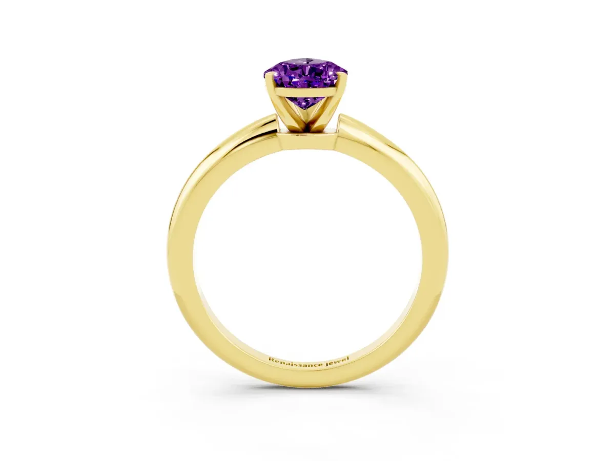 Pear Cut Amethyst Solitaire Ring with Six-Prong Setting and Classic Band Yellow gold