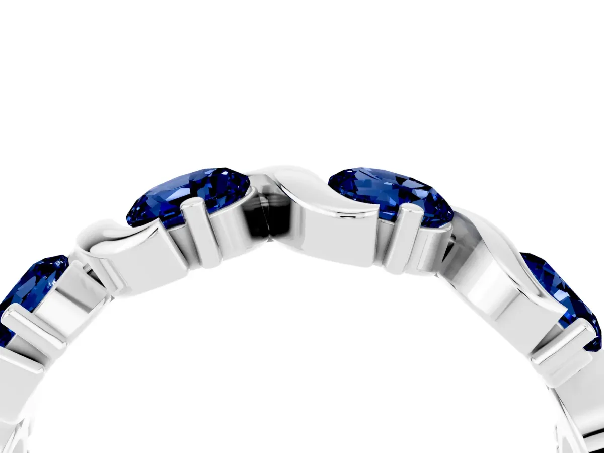 Round Blue Sapphire Half Eternity Band with Wave Prong Setting Platinum