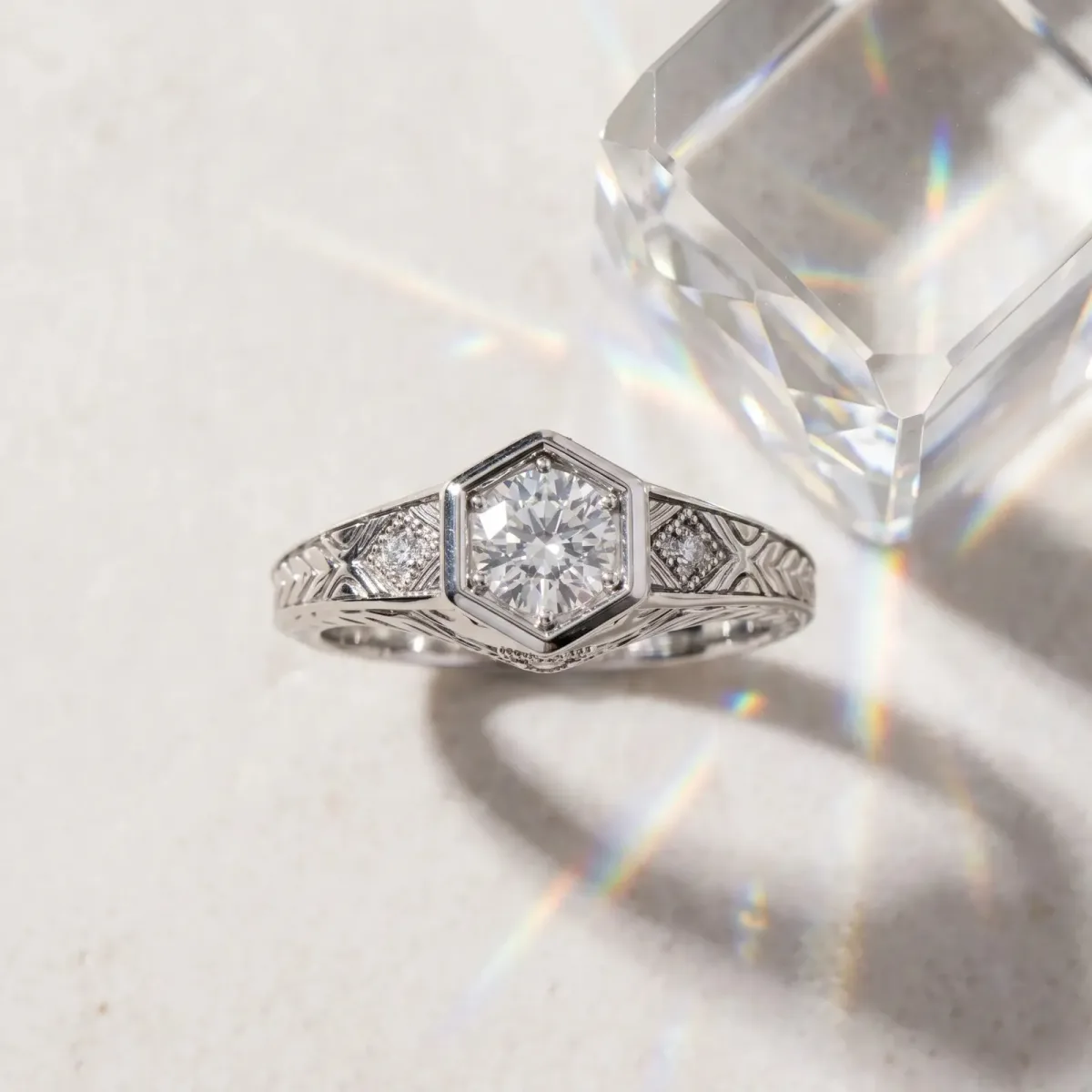 Hexagonal Bezel Asscher Cut Diamond Engraved Band Prong Ring Platinum