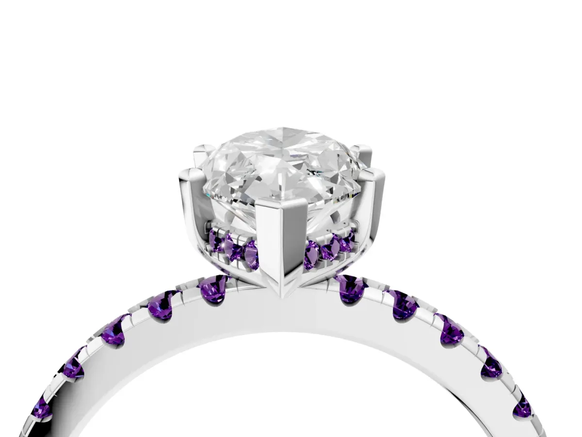 Marquise Cut Diamond Solitaire Ring with Round Amethyst Pavé Band and Four-Prong Setting Silver