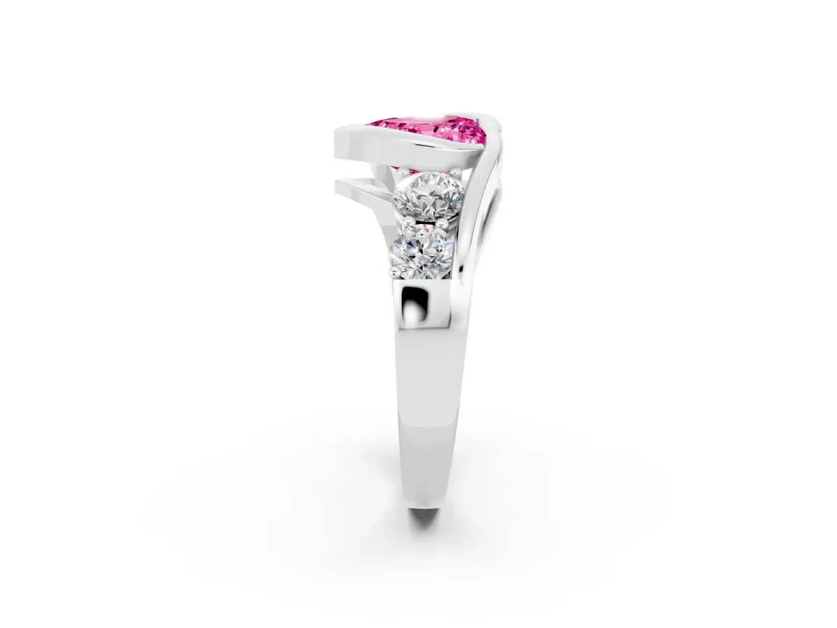 Bezel Set Heart Cut Pink Sapphire Bypass Ring with Round Accents Silver