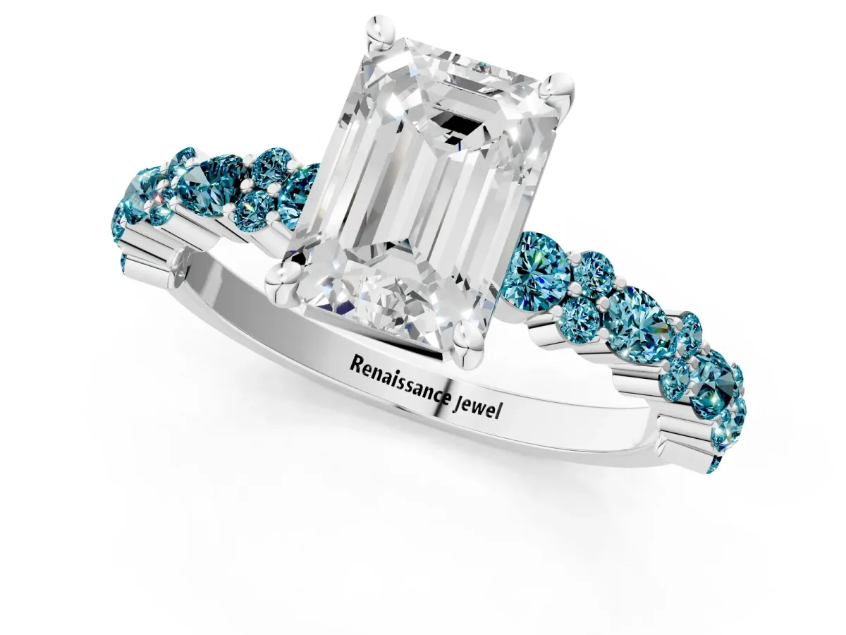 Emerald Cut Diamond Side Stone Solitaire Ring with Round Blue Topaz and Four-Prong Setting Platinum