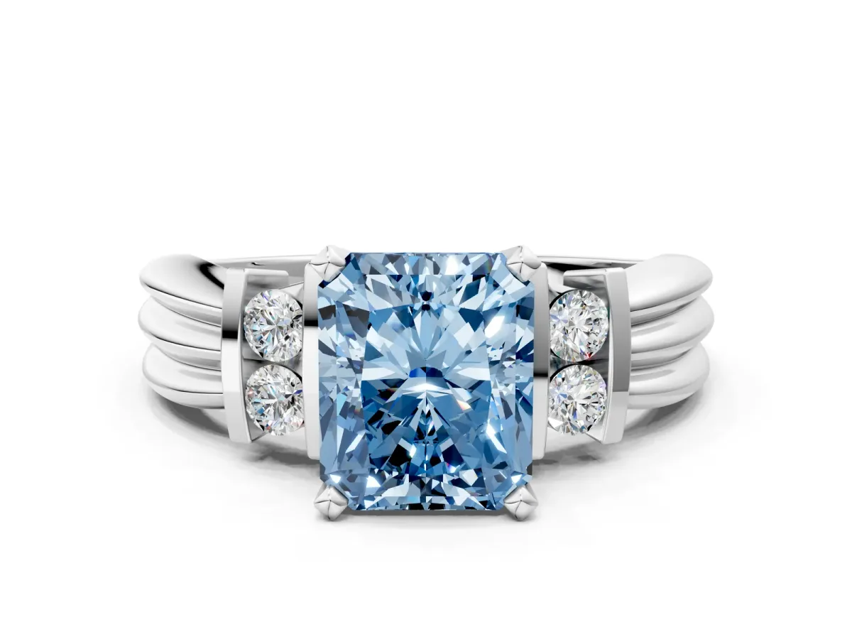 Fancy Blue Radiant Cut Cut Three-Stone Channel Set Ring with Bar Prongs Platinum