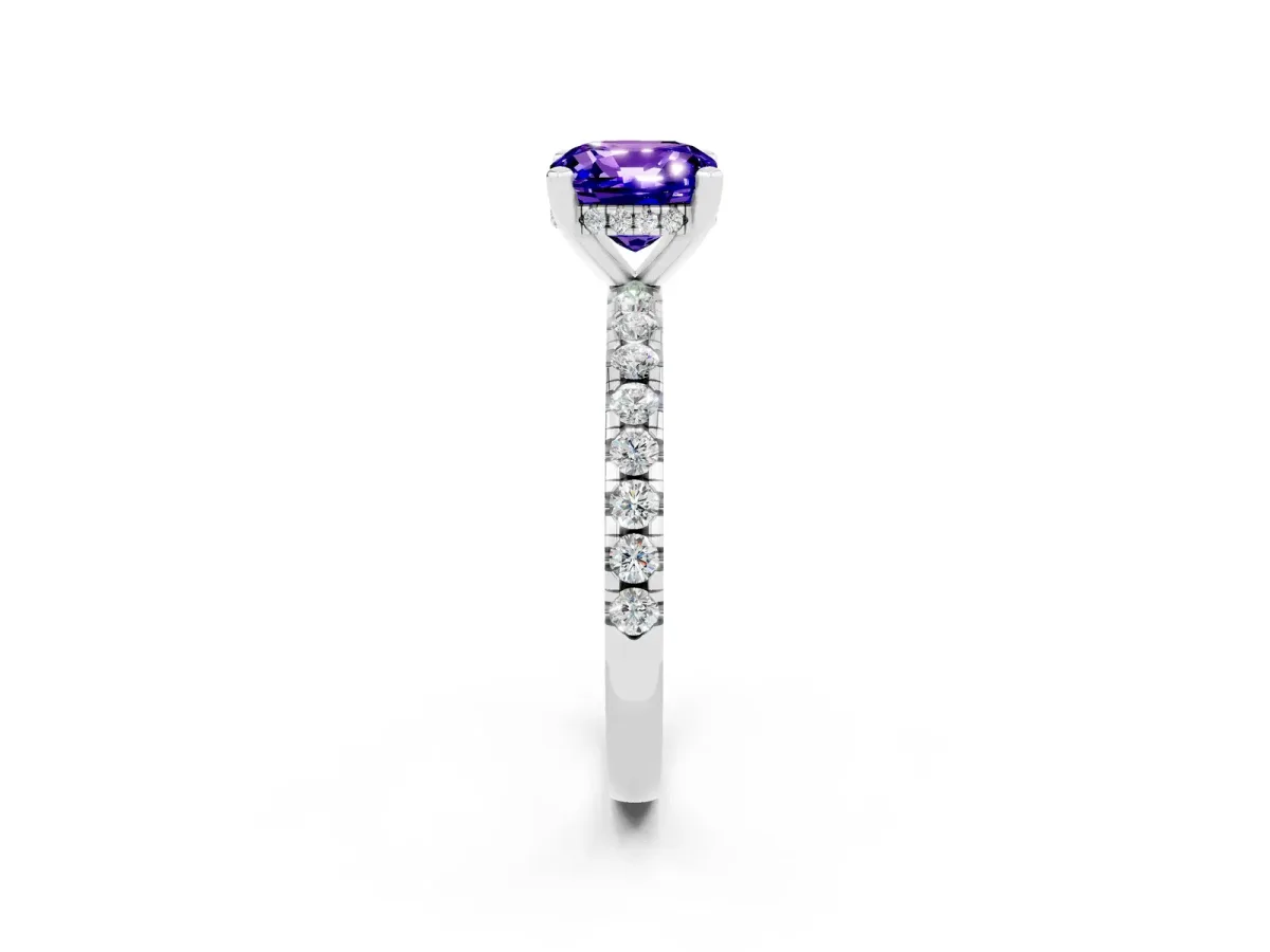 Cushion Cut Tanzanite Solitaire Ring with Round Pavé Band and Four-Prong Setting Silver