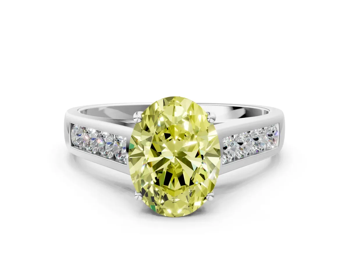 Fancy Yellow Oval Cut Brilliant Channel-Set Solitaire Ring with Four-Prong Setting White gold