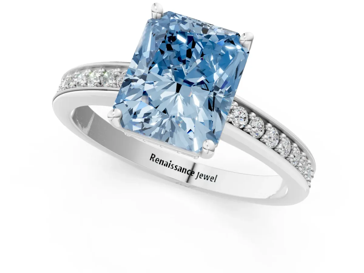 Fancy Blue Radiant Cut Solitaire Pavé Band Prong Setting Ring Platinum