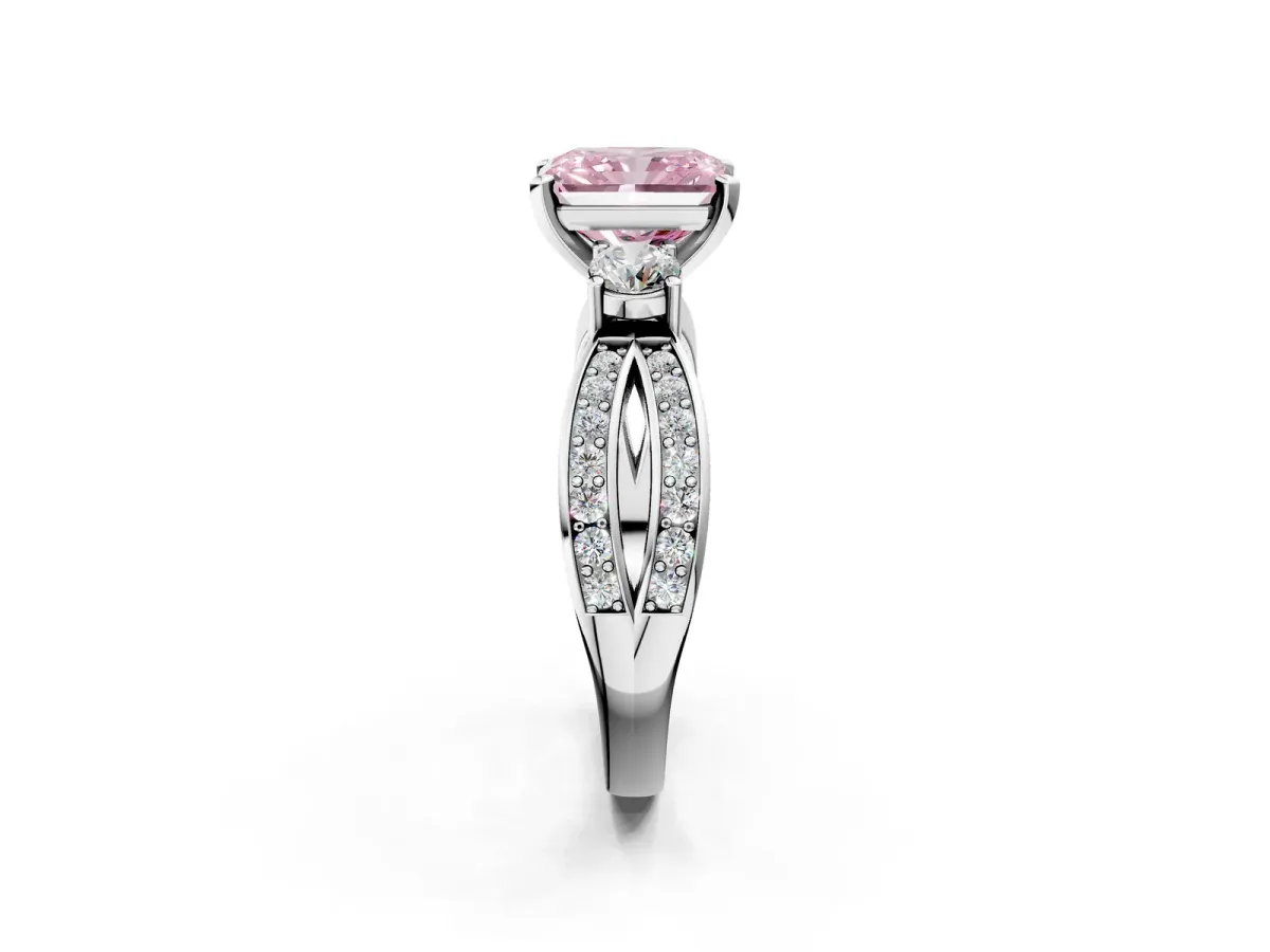 Fancy Pink Three-Stone Radiant Cut Cut Diamond Twist Band with Prong Setting Platinum
