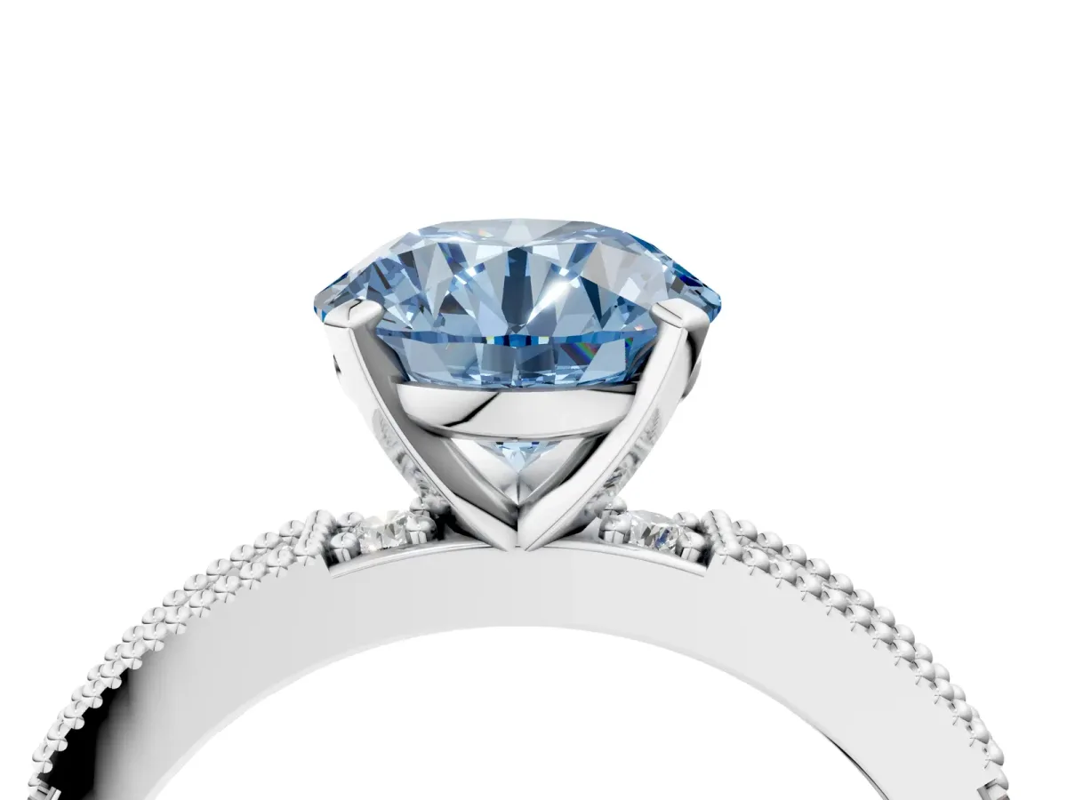 Fancy Blue Round Cut Solitaire with Pavé Band and Four-Prong Setting Platinum