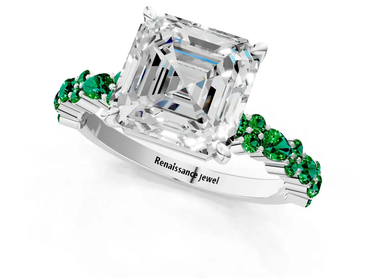 Asscher Cut Diamond Side Stone Solitaire Ring with Round Emerald and Four-Prong Setting Platinum