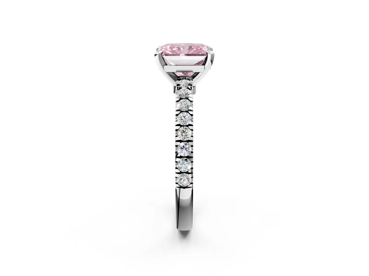 Fancy Pink Radiant Cut Solitaire Diamond with Pavé Band and Four-Prong Setting Silver