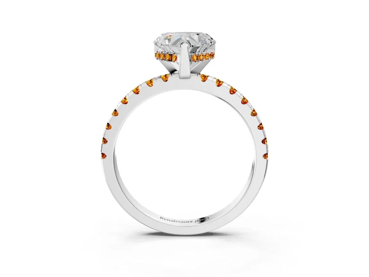 Heart Cut Diamond Solitaire Ring with Round Citrine Pavé Band and Four-Prong Setting Silver