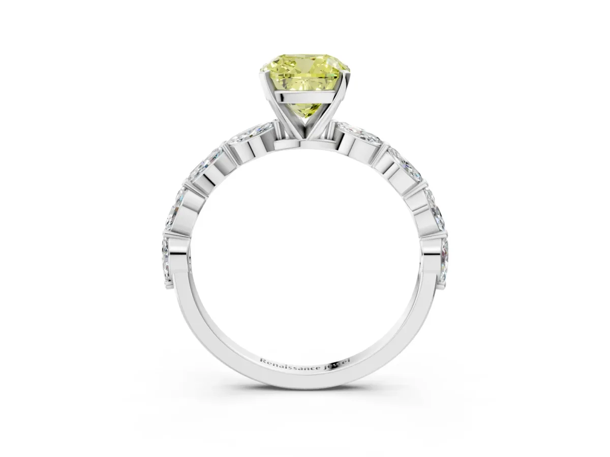 Fancy Yellow Cushion Cut Diamond Ring with Marquise Side Stones and Prong Setting Platinum