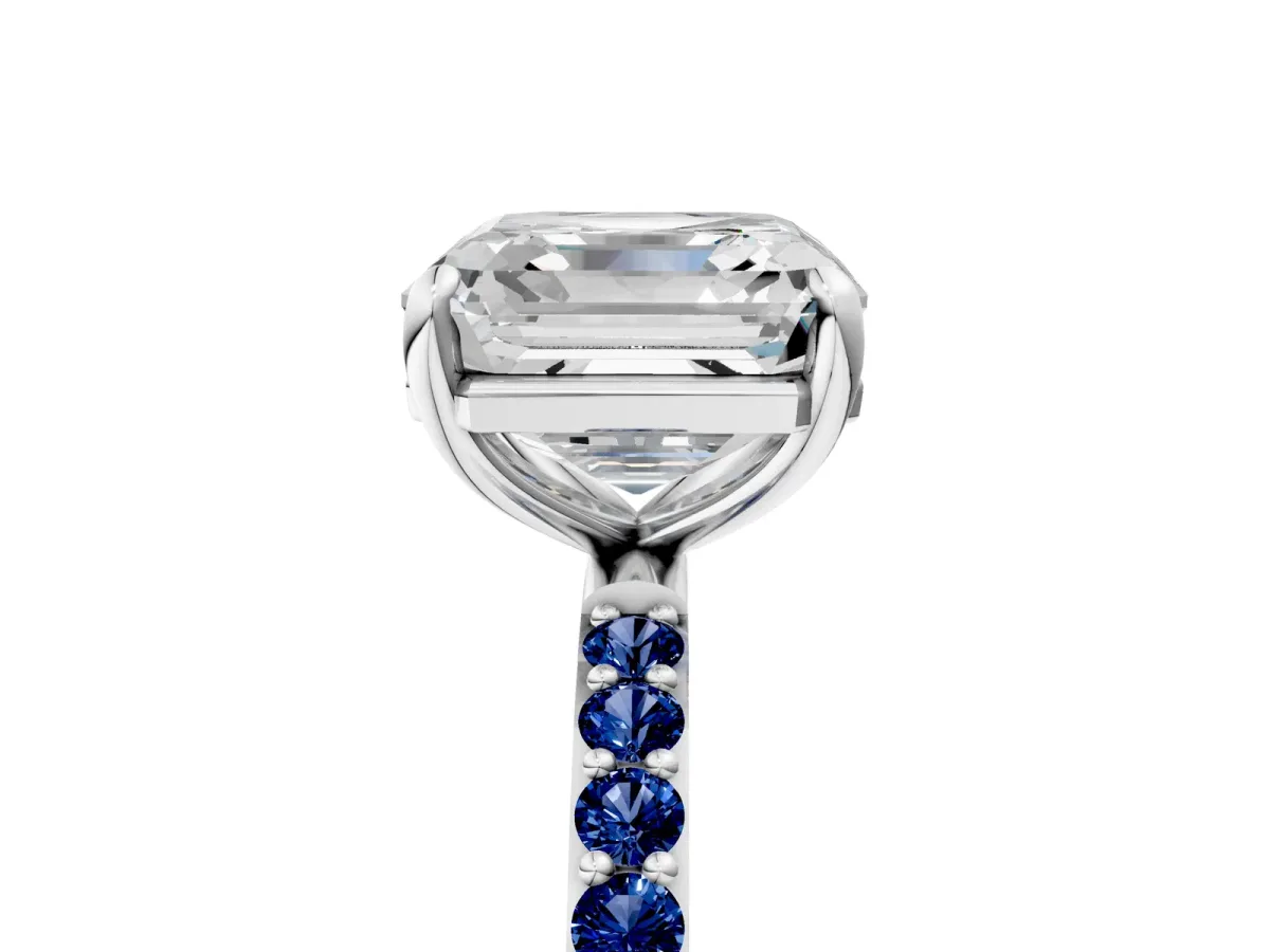 Asscher Cut Diamond Solitaire Ring with Round Blue Sapphire Pavé Band and Prong Setting Silver