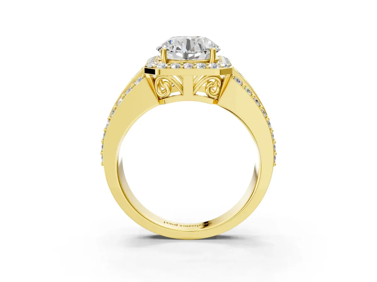 Round Cut Halo Diamond Ring with Round Split Shank and Prong Setting Yellow gold