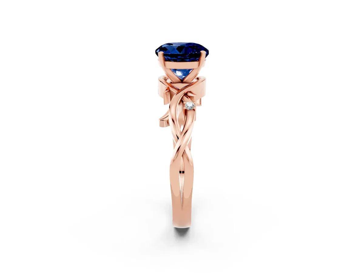 Round Cut Blue Sapphire Solitaire Ring with Twisted Band and Prong Setting Rose gold