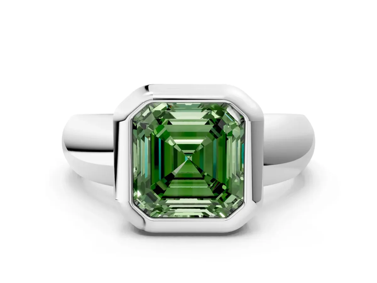 Fancy Green Bezel Set Asscher Cut Solitaire Ring with Wide Band Platinum