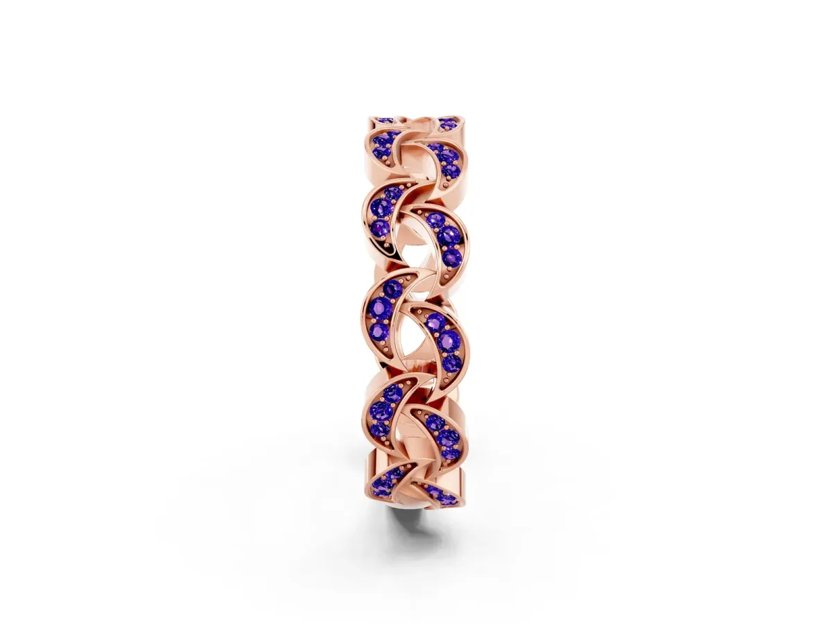 Pavé Round Tanzanite Interlocking Eternity Band with Bezel Prong Setting Rose gold