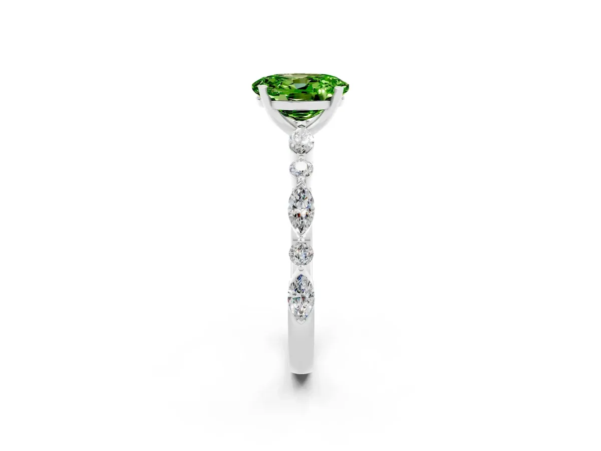 Oval Cut Peridot Ring with Marquise and Round Side Stones and Four-Prong Setting Silver