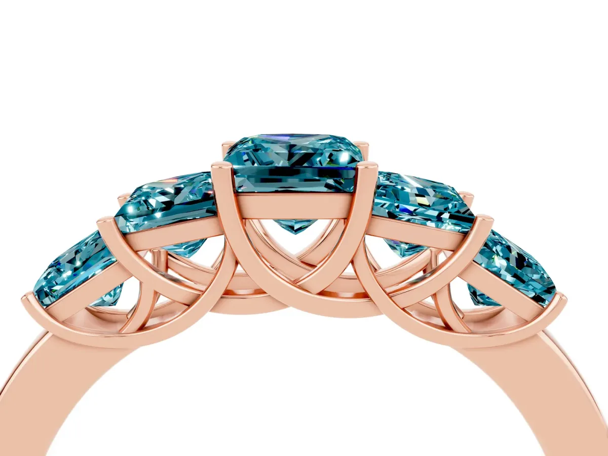 Princess Cut Five-Stone Blue Topaz Ring with Classic Prong Setting Rose gold