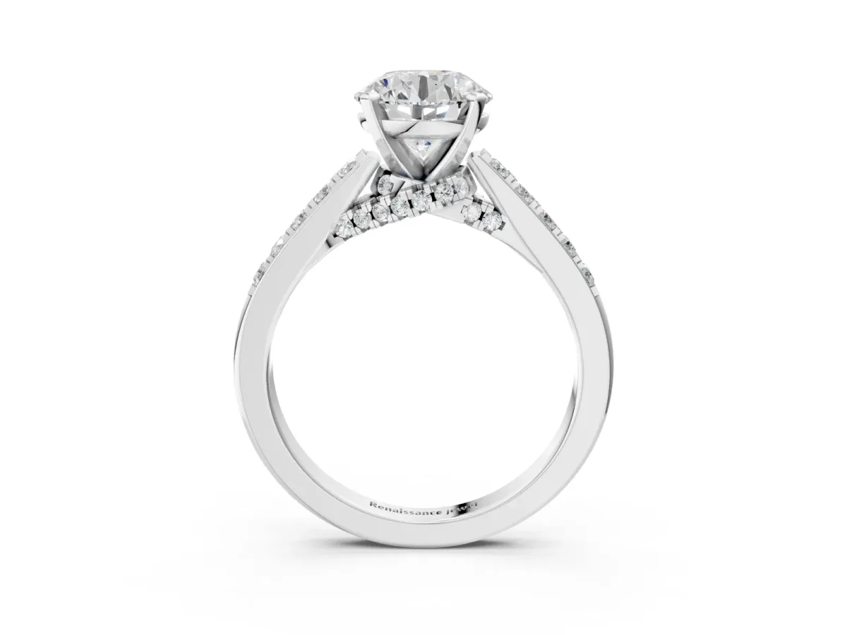 Round Cut Diamond Solitaire Ring with Crossover Gallery and Round Pavé Band Silver