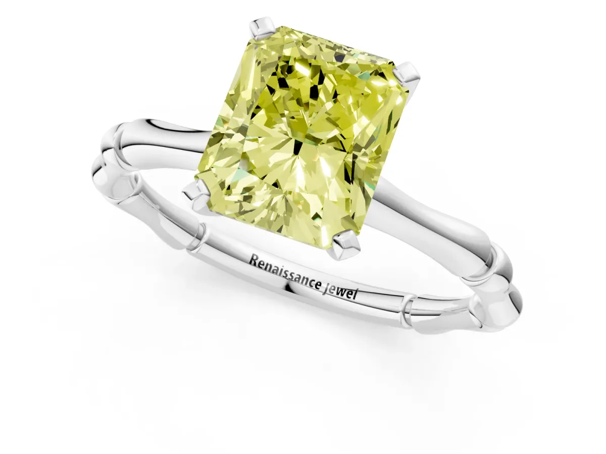Fancy Yellow Radiant Cut Solitaire Diamond Ring with Bamboo Band and Four-Prong Setting Platinum