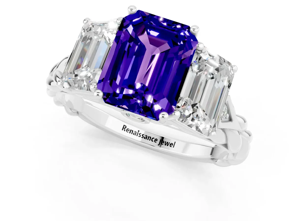 Three-Stone Emerald Cut Tanzanite Braided Band Ring with Four-Prong Setting Platinum
