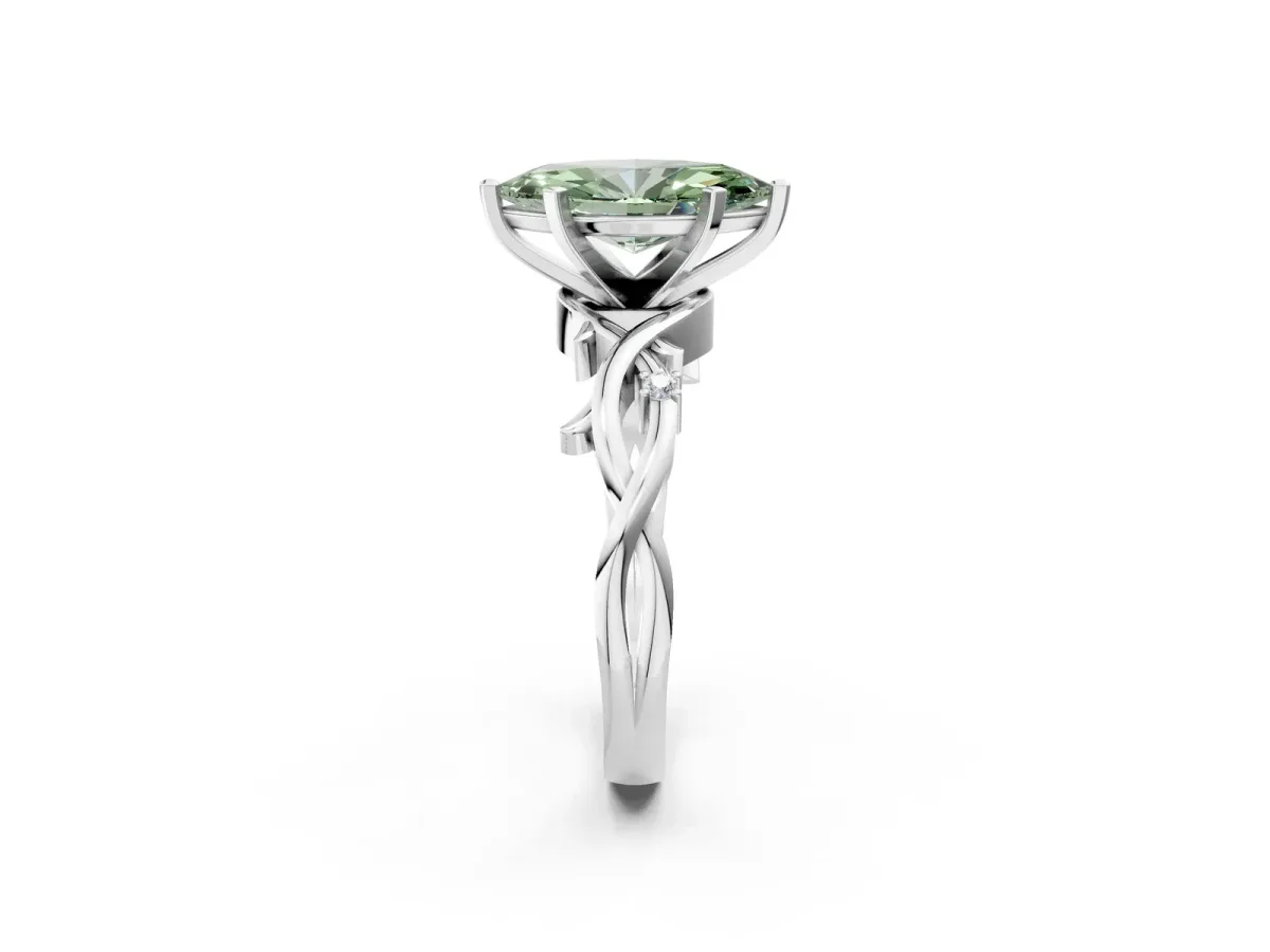 Fancy Green Marquise Cut Diamond Solitaire Ring with Twisted Band and Prong Setting Platinum