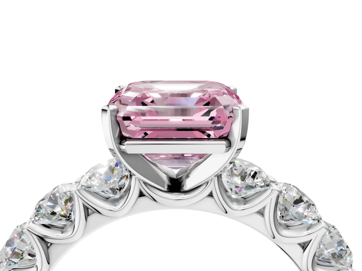 Fancy Pink Asscher Cut Diamond Prong Setting with Side Stones on a Pave Band Silver