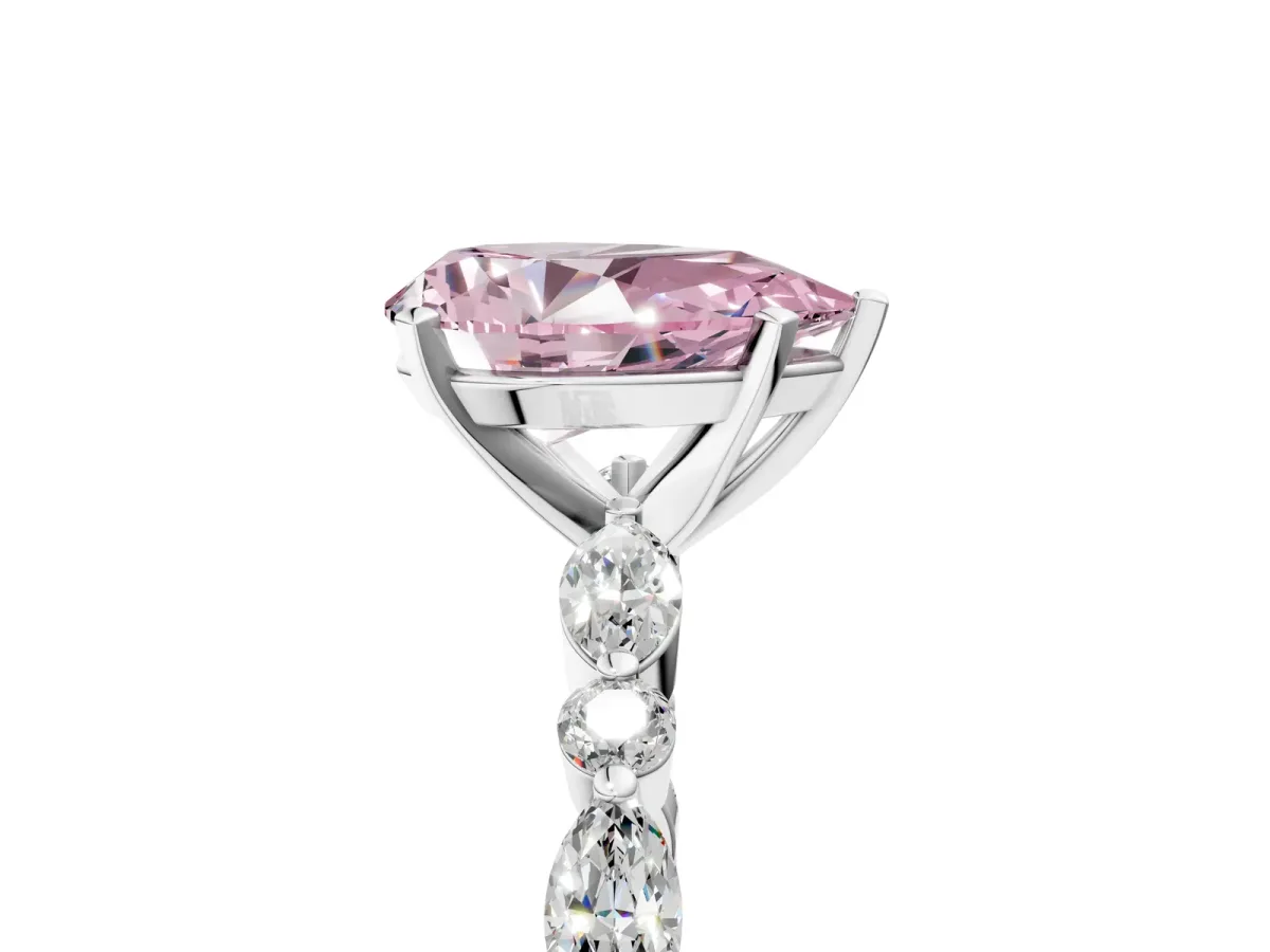 Fancy Pink Pear Cut Diamond Ring with Marquise and Round Side Stones and Four-Prong Setting Silver