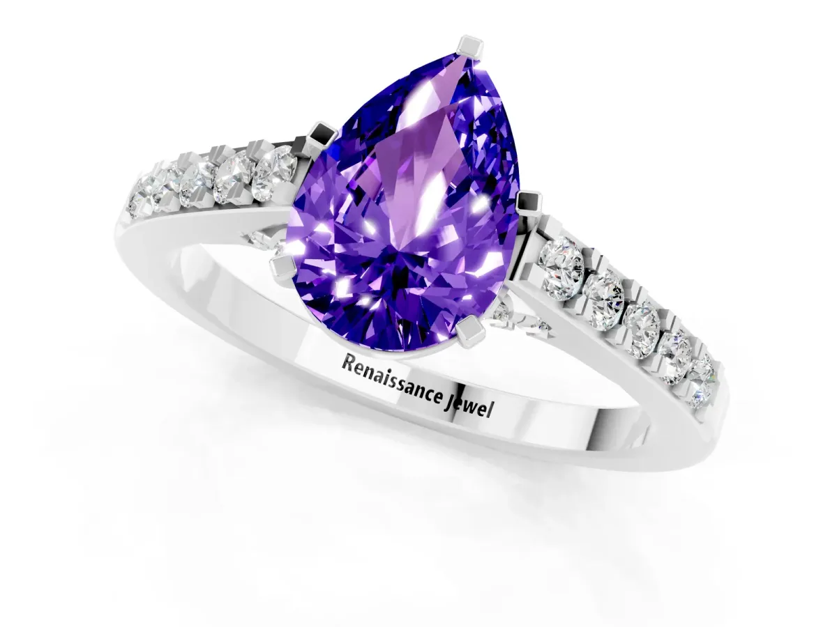 Pear Cut Tanzanite Solitaire Ring with Crossover Gallery and Round Pavé Band Silver