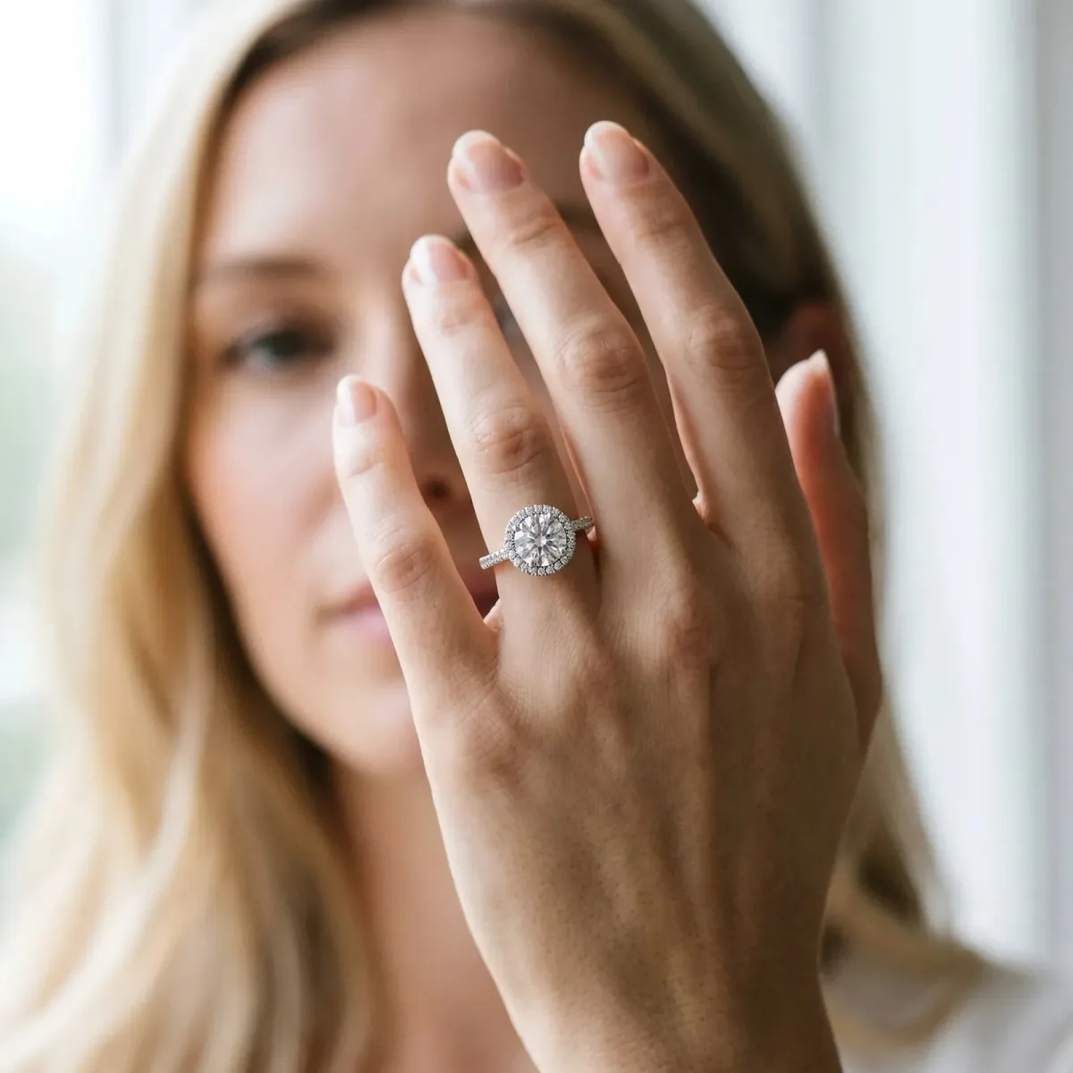 Round Cut Diamond Pavé Halo Ring with Four-Prong Setting White gold