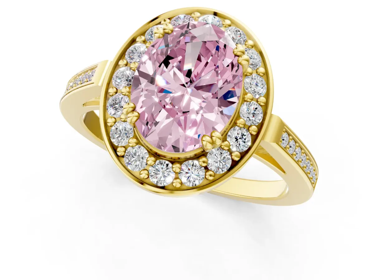 Fancy Pink Oval Cut Diamond Halo Ring with Split Shank and Four-Prong Setting Yellow gold
