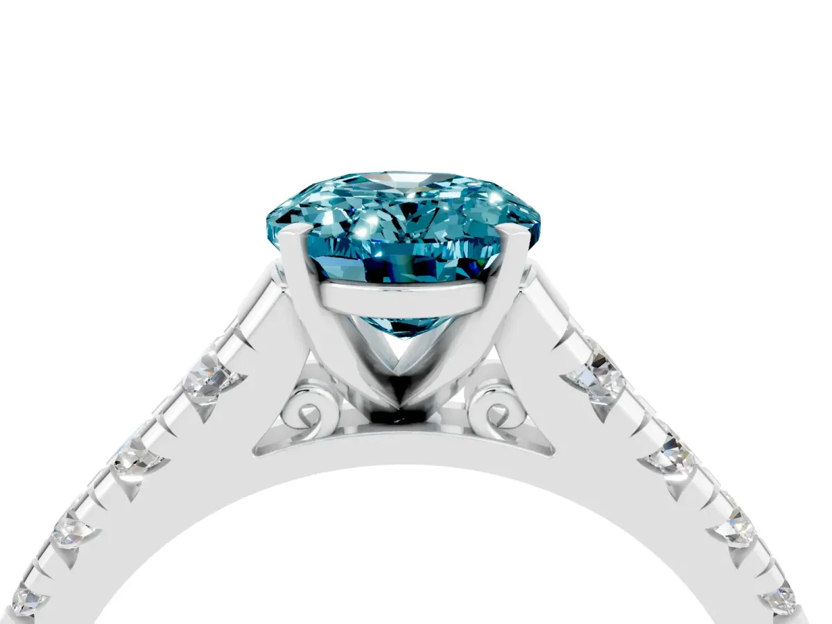 Oval Cut Blue Topaz Cathedral Solitaire Ring with Round Pavé Band Silver