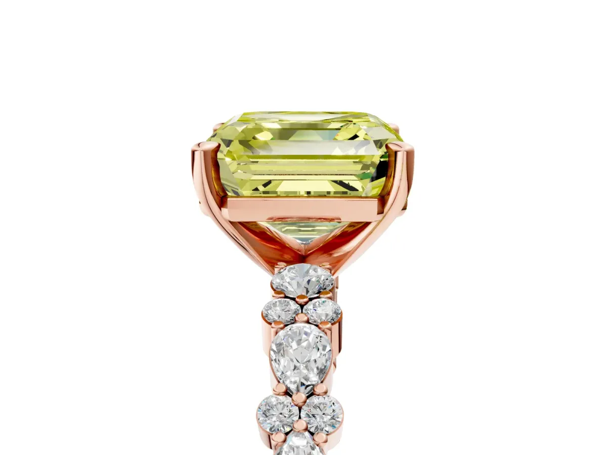Fancy Yellow Asscher Cut Diamond Side Stone Solitaire Ring with Round and Four-Prong Setting Rose gold