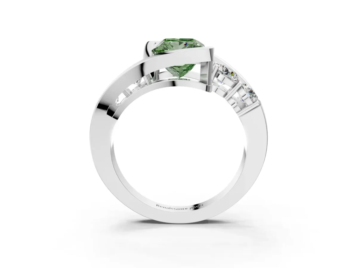 Fancy Green Bezel Set Princess Cut Diamond Bypass Ring with Round Accents Silver