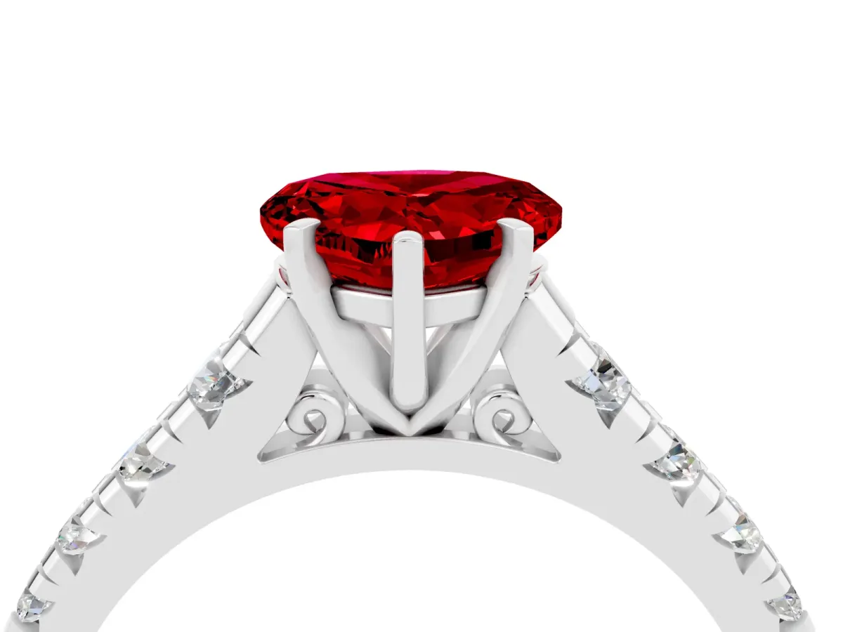 Heart Cut Ruby Cathedral Solitaire Ring with Round Pavé Band Platinum