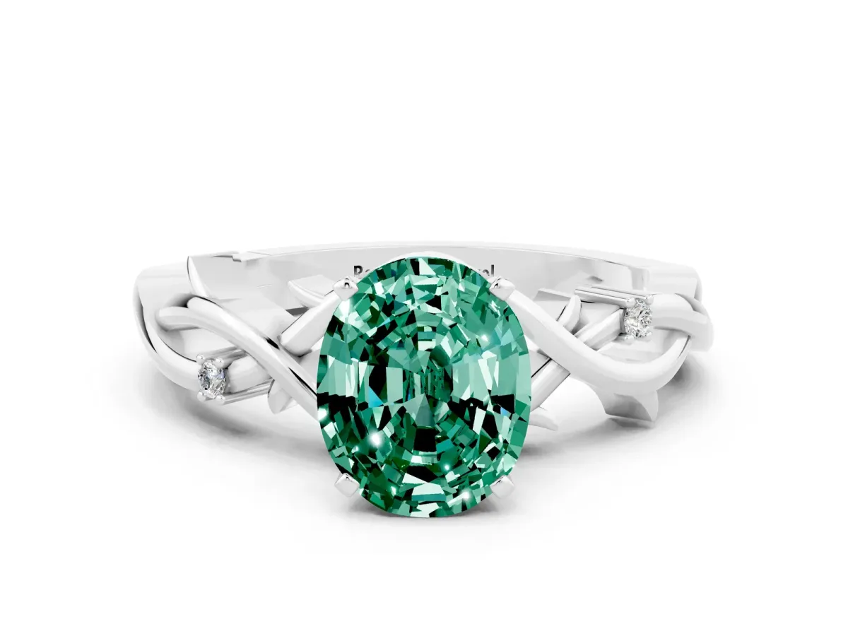 Oval Cut Green Sapphire Solitaire Ring with Twisted Band and Prong Setting Platinum