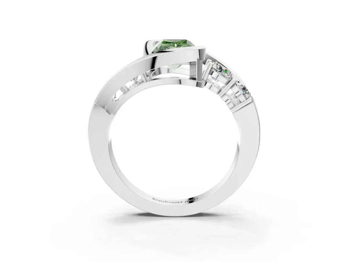 Fancy Green Bezel Set Radiant Cut Diamond Bypass Ring with Round Accents Silver