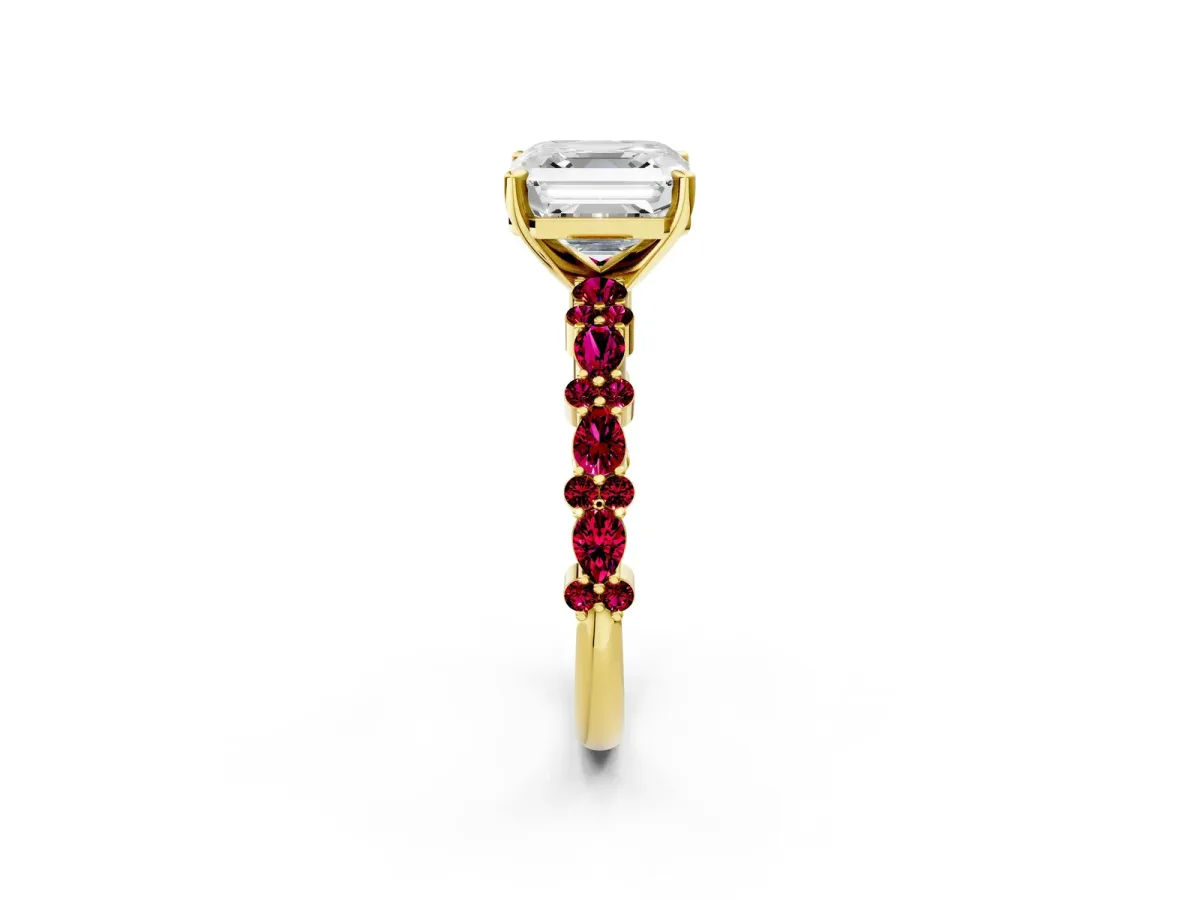 Asscher Cut Diamond Side Stone Solitaire Ring with Round Garnet and Four-Prong Setting Yellow gold