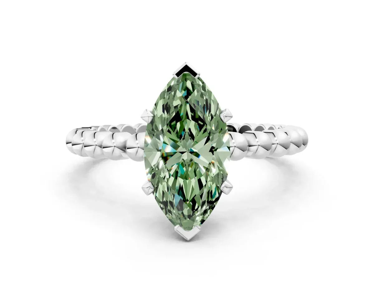 Fancy Green Marquise Cut Diamond Solitaire Ring with Beaded Band and Prong Setting Silver