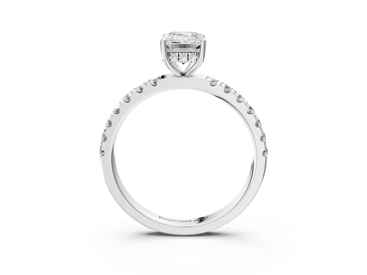 Emerald Cut Diamond Pave Band Solitaire Ring with Round Moissanite and Prong Setting Platinum
