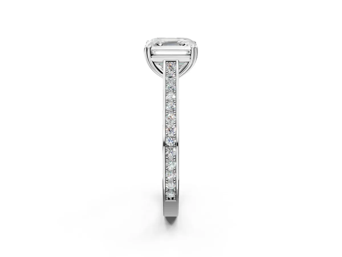 Asscher Cut Diamond Solitaire with Pave Band and Six-Prong Setting Platinum