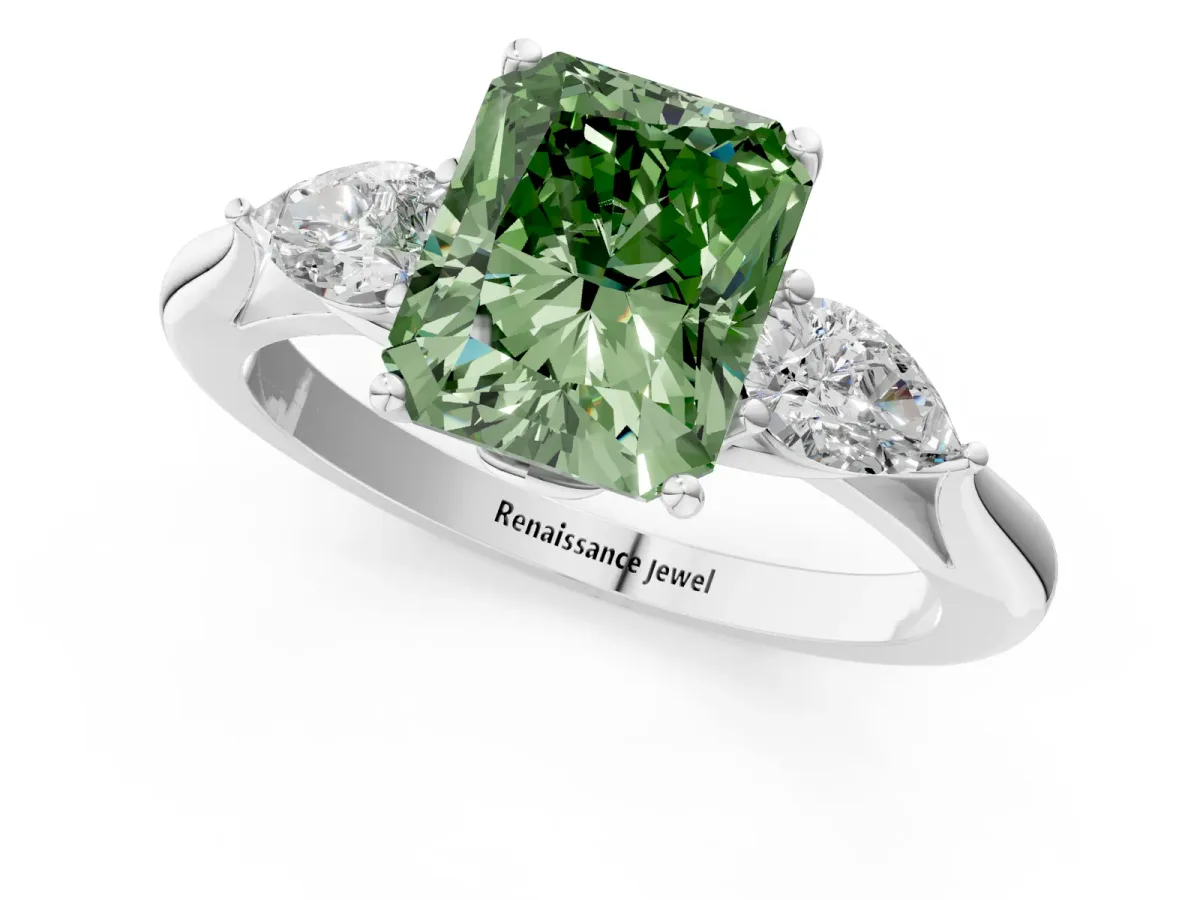 Fancy Green Three-Stone Radiant Cut Diamond Ring with Pear Side Stones in Four-Prong Setting Platinum