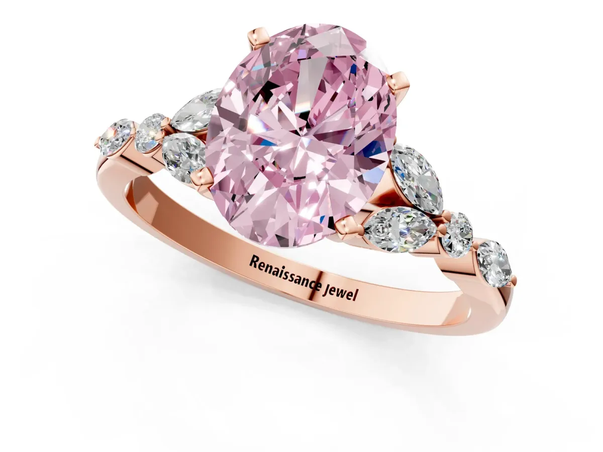 Fancy Pink Oval Cut Diamond Solitaire Ring with Side Stones and Four-Prong Setting Rose gold