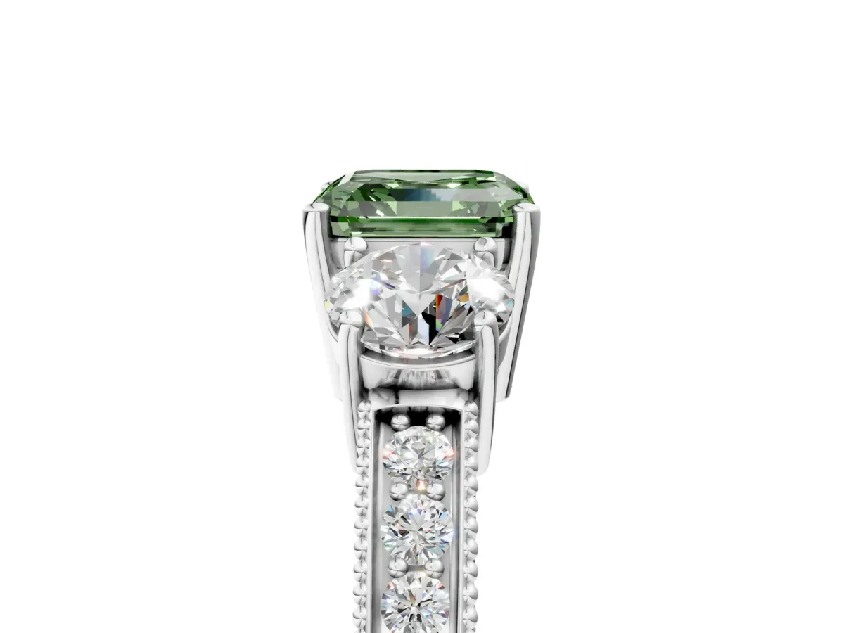 Fancy Green Asscher Cut Three-Stone Diamond Ring with Pavé Band and Four-Prong Setting Platinum