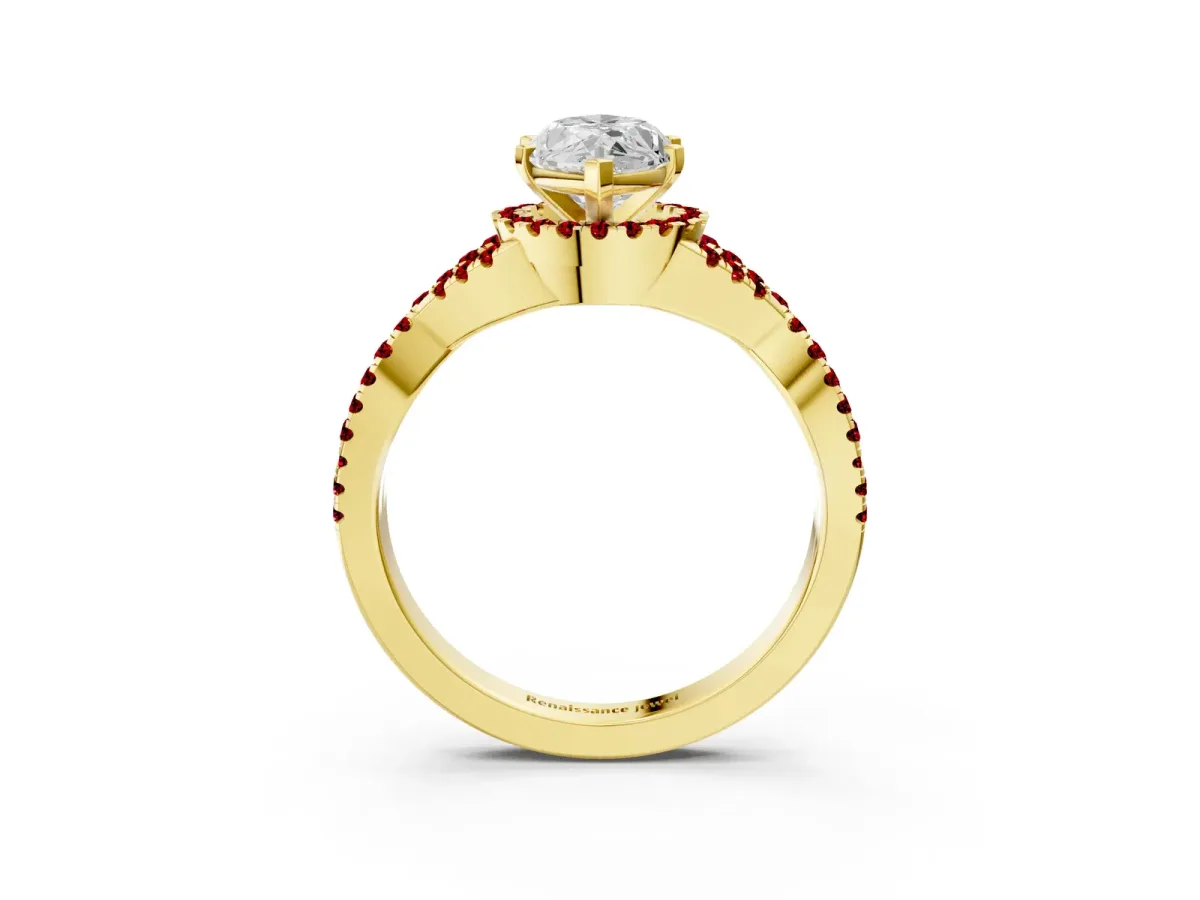 Marquise Cut Diamond Ruby Halo Twist Band Solitaire Prong Setting Ring Yellow gold