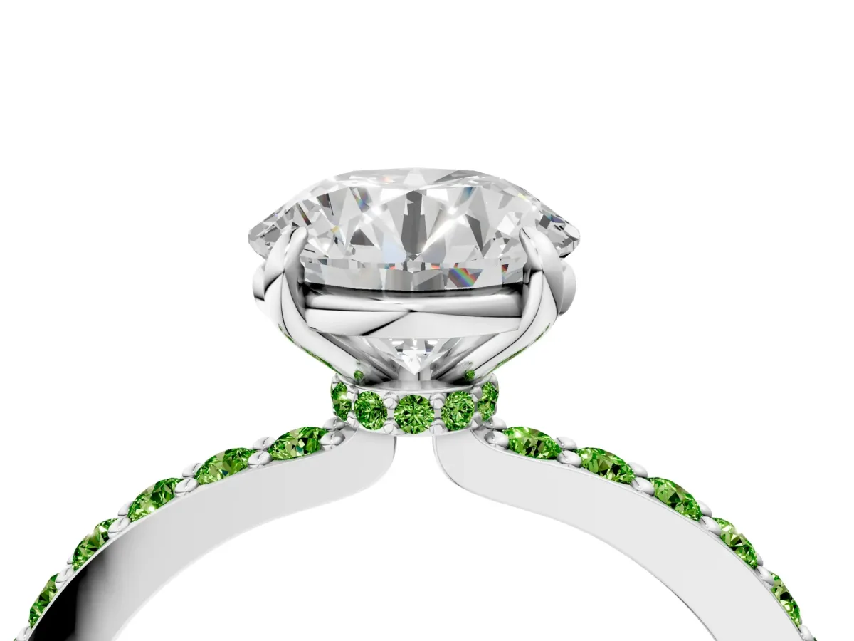 Round Cut Diamond Pavé Engagement Ring with Round Peridot Accents and Prong Setting Silver