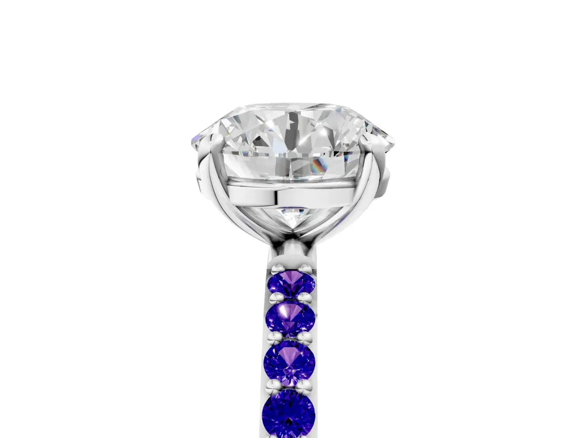 Round Cut Diamond Solitaire Ring with Round Tanzanite Pavé Band and Prong Setting Silver